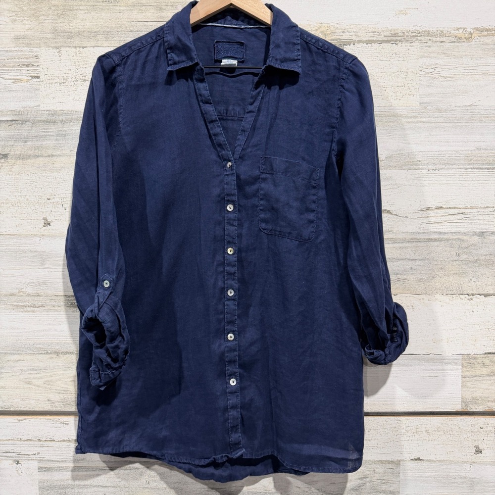 Sigrid Olsen Linen Shirt Women M Navy Blue Roll Tab Sleeve Coastal *Flawed*